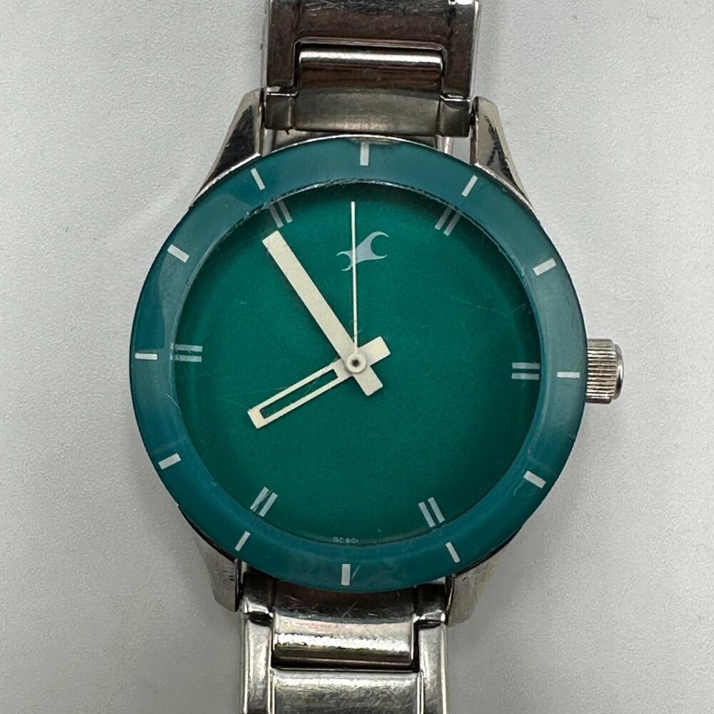 3/$30 Fastrack Watch Women Silver Tone Green Dial Stainless Steel 34MM